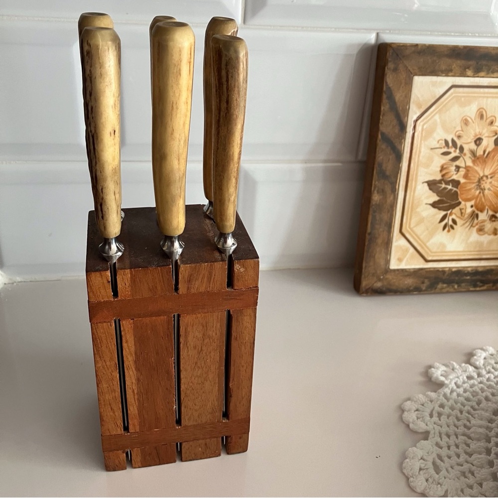 Knives Block Sheffield England Abbott collection 6 knives wooden handle